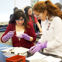 Seniors Candy Beltran and Jordan Lewis prepare samples in an agarose gel for a lab in Biotechnology 1-2. (Nicole Wallace)