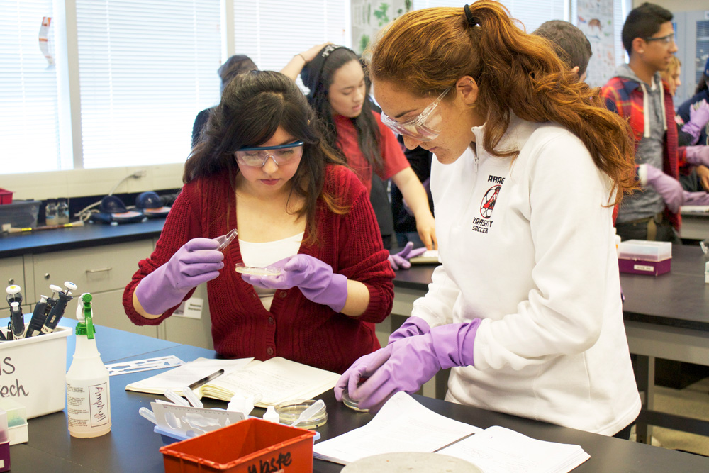 Seniors Candy Beltran and Jordan Lewis prepare samples in an agarose gel for a lab in Biotechnology 1-2. (Nicole Wallace)