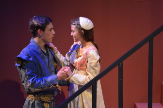 Ian Waugh, Romeo, and Marly Miller, Juliet, share a tender moment onstage. 