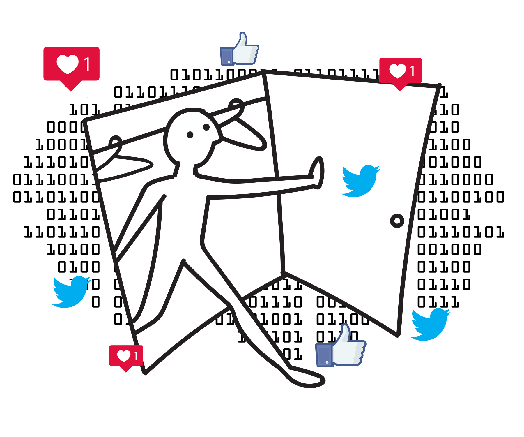 A graphic of a person coming out of the closet with a background of computer/social media imagery