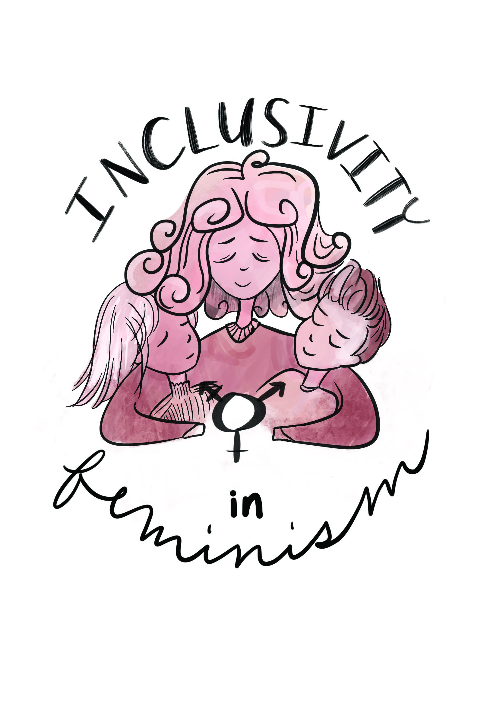 Graphic of a woman hugging two other people with the intersectional feminism symbol in the middle with the words "Inclusivity in feminism" written,