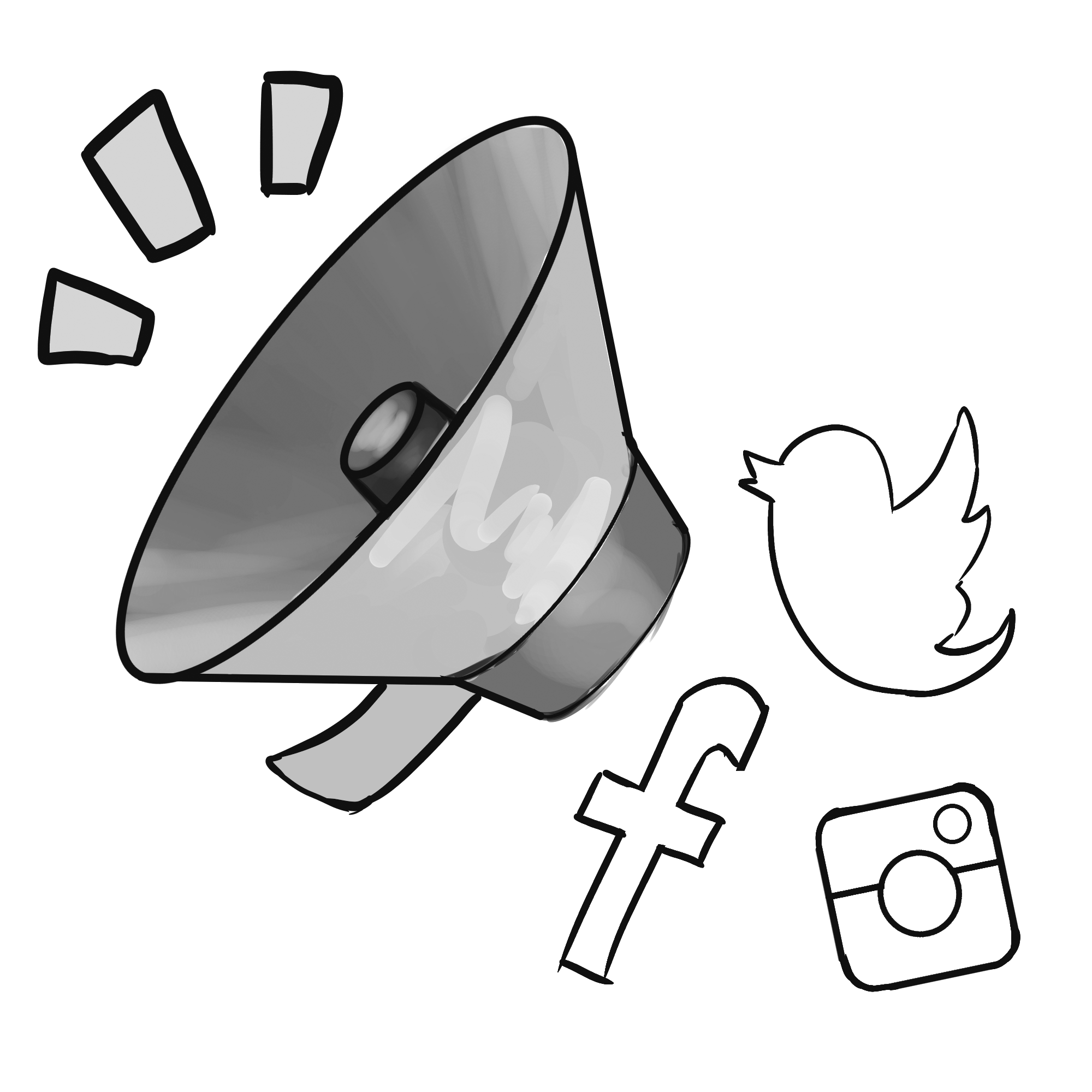 Graphic of megaphone with Twitter, Facebook and Instagram logos