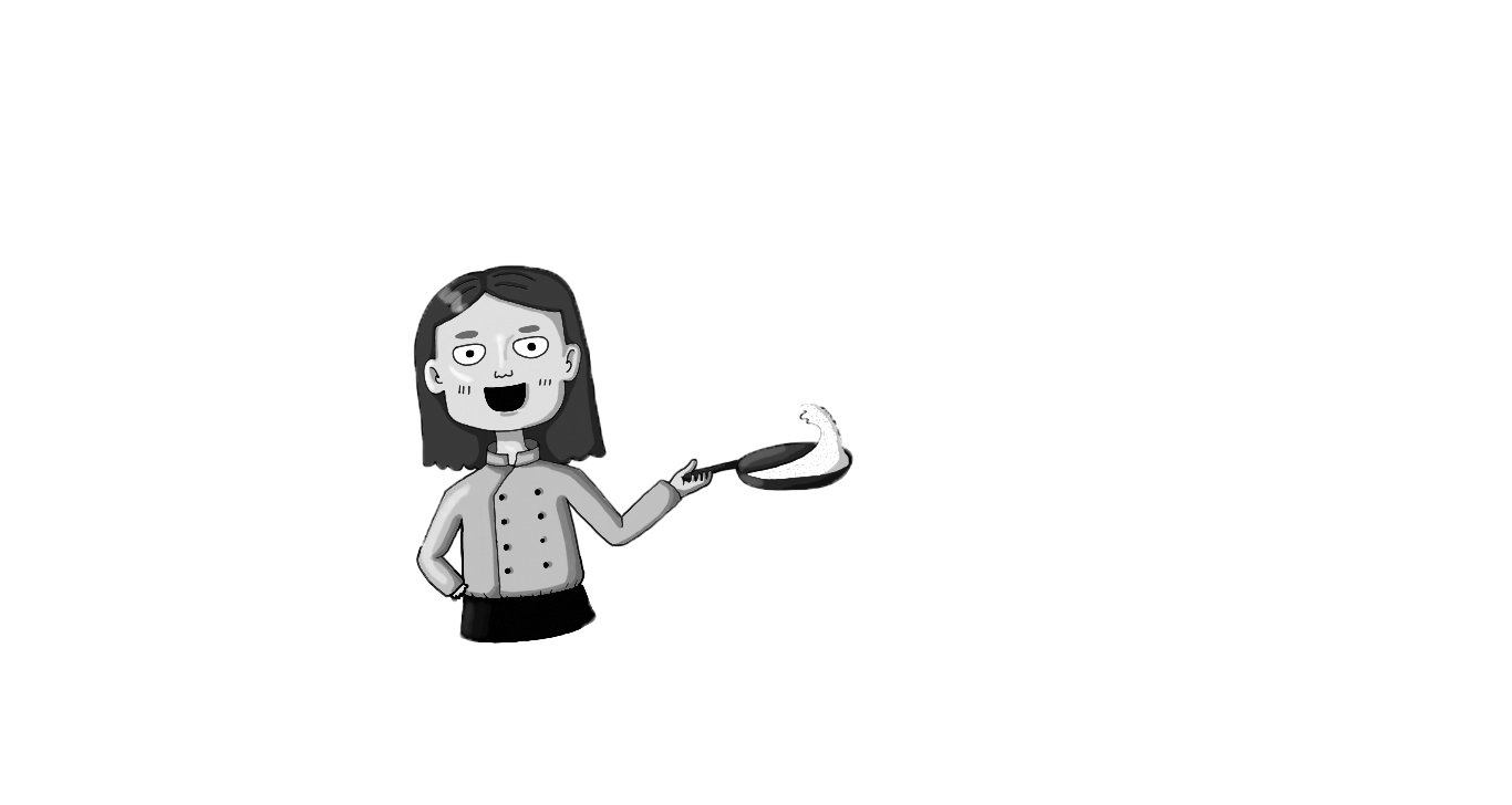 Graphic of a girl cooking with a pan.
