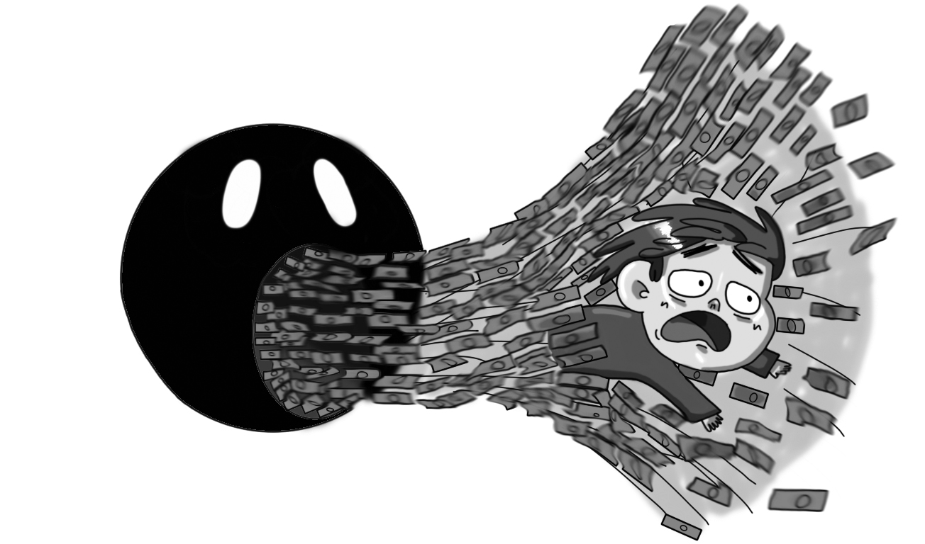 Graphic of a face with money and a student coming out of the mouth.