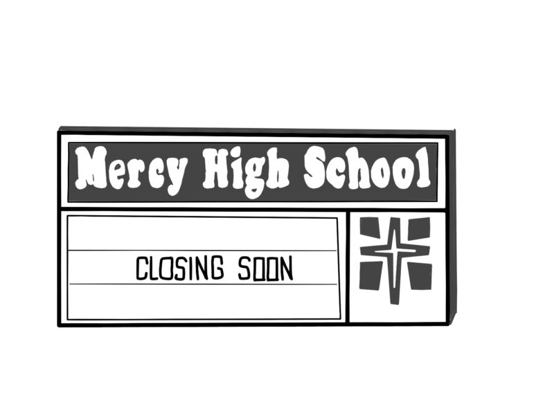Graphic of Mercy's school announcement board stating that they are "closing soon."