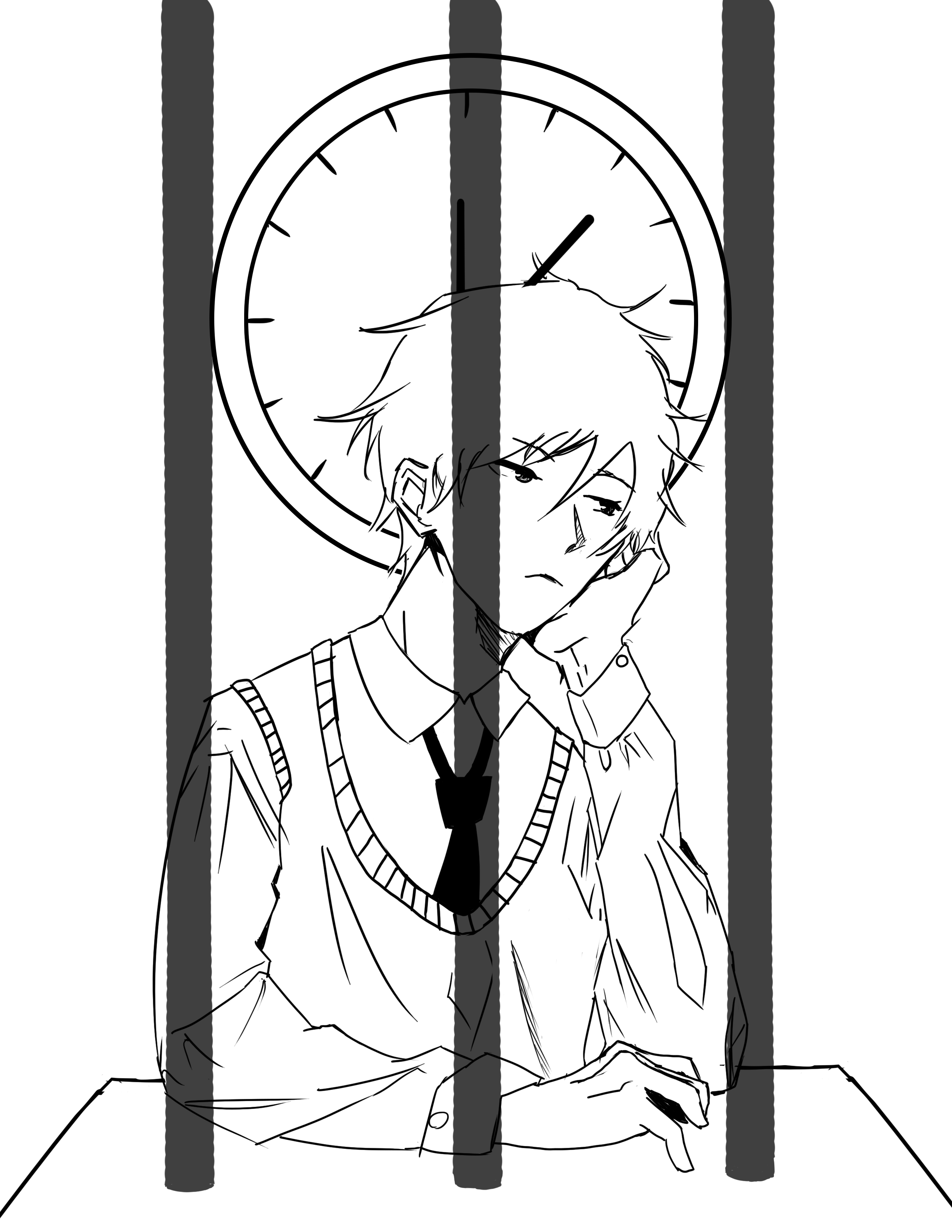 Image of a student bored behind bars with a clock behind them