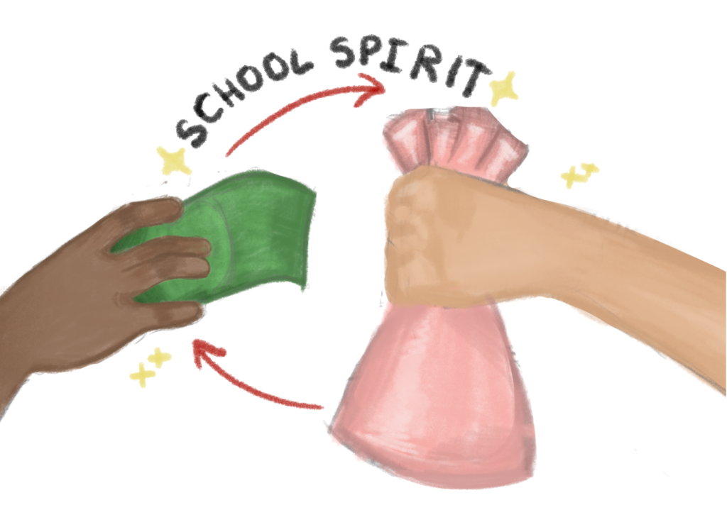 Image of someone giving money as a trade for school spirit