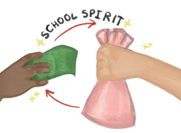 Image of someone giving money as a trade for school spirit